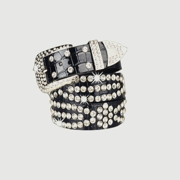 Black Vegan Crocodile Embossed Rhinestone Decor Belt - Picture 1 of 2